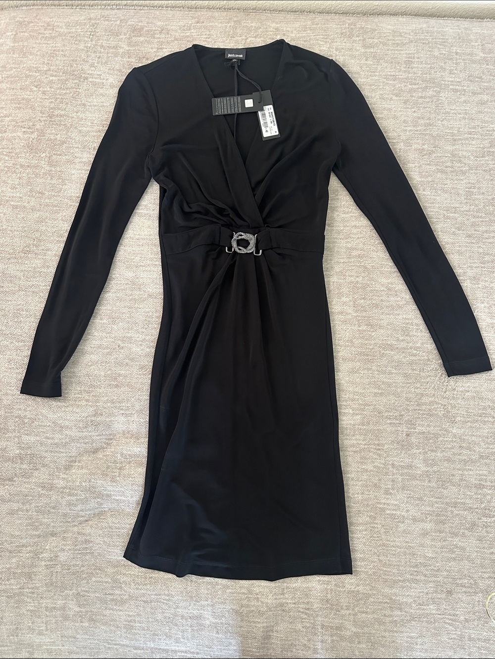 Just Cavalli Black Long-Sleeve Dress with Decorative Buckle